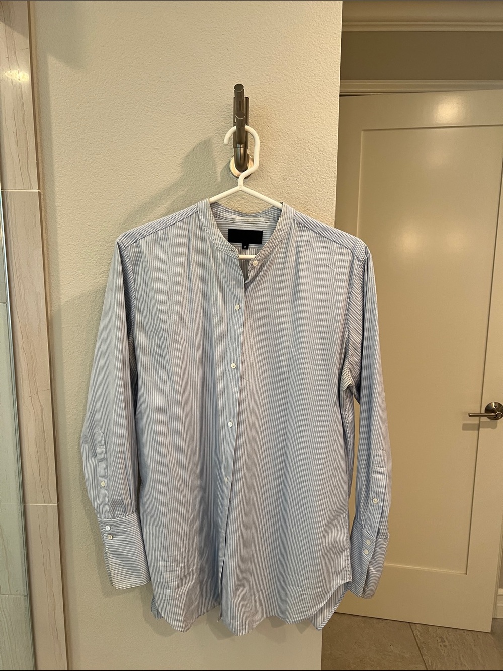 Nili Lotan Light Blue Pinstripe Band-Collar Shirt